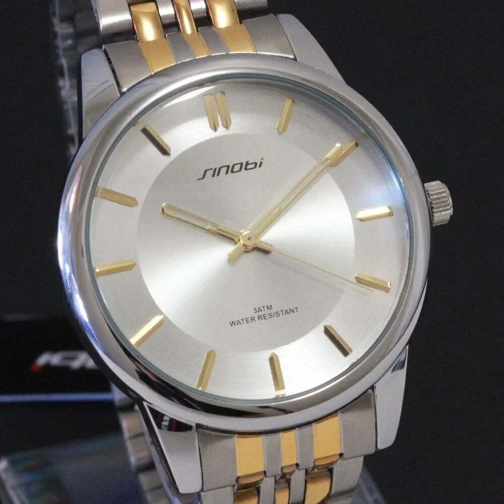 Men's Casual Watch Two Tone Silver Sunburst Dial Gold Hands, Indices 38mm
